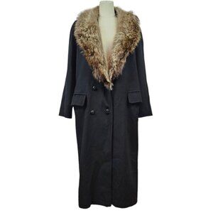 Vintage Fashions by Jill Wool Trench‎ Coat Fur Trim Women's Sz 14 Black Worumbo